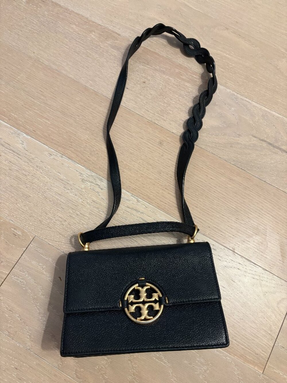 Authentic Tory Burch Miller Small Flap Shoulder Bag in black pebbled leather